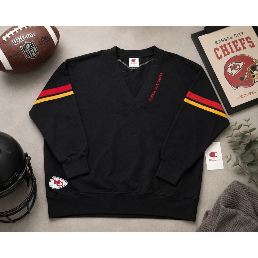 Champion Kansas‎ City Chiefs Womens Small V-Neck Sweatshirt NFL Black NWT